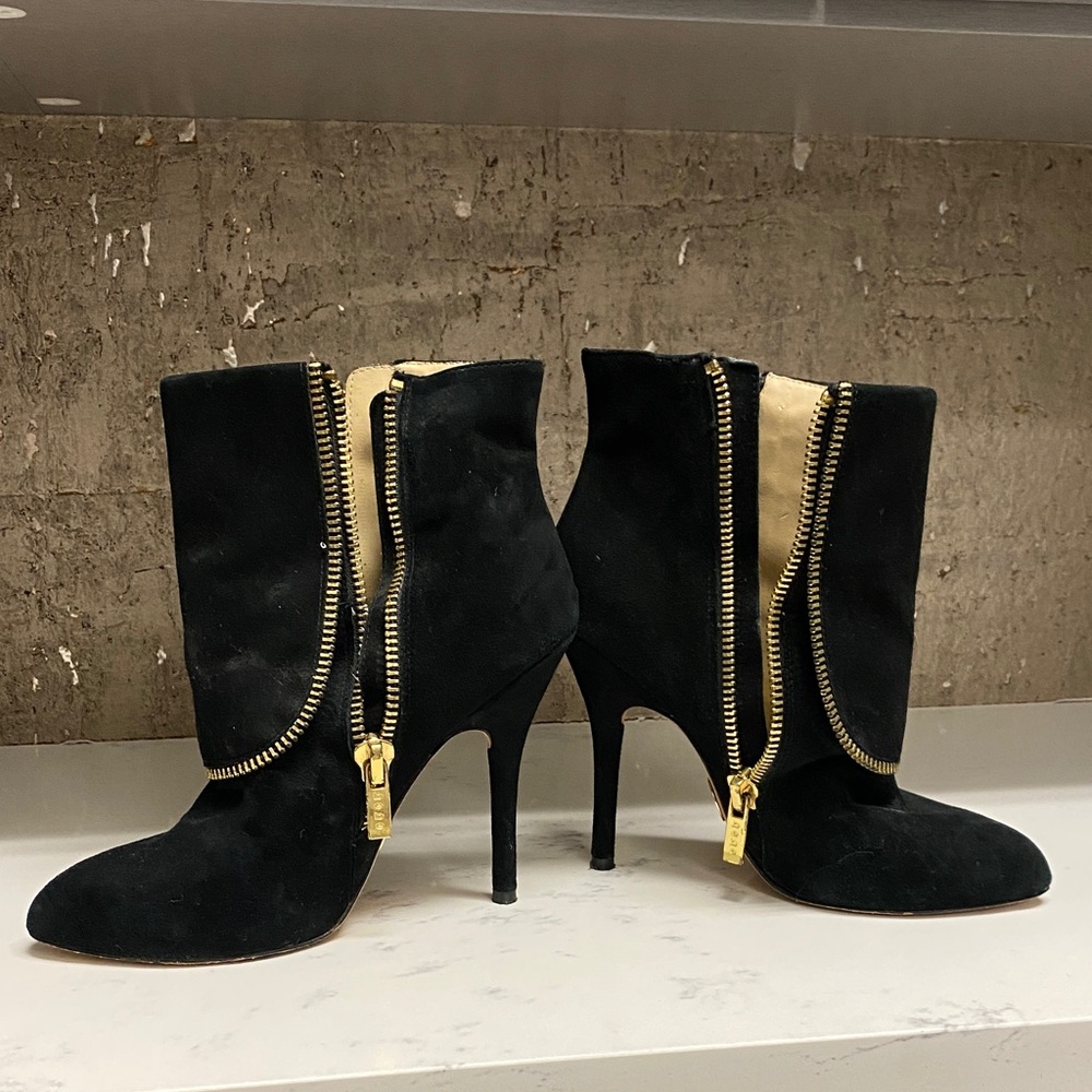 Bebe Black Suede Ankle Boots with Gold Zipper - Picture 2 of 4